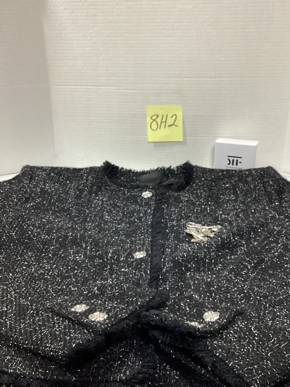 Black Tweed Jewel-Button Jacket with Decorative Pin